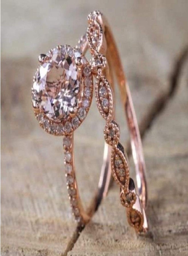 LRGKMCWTOB Fashion Elegant Women 18K Rose Gold Filled Morganite Pink Gemstone Ring Bridal Anniversary Ring Set Size 6-10 (Size 6) - Image 1